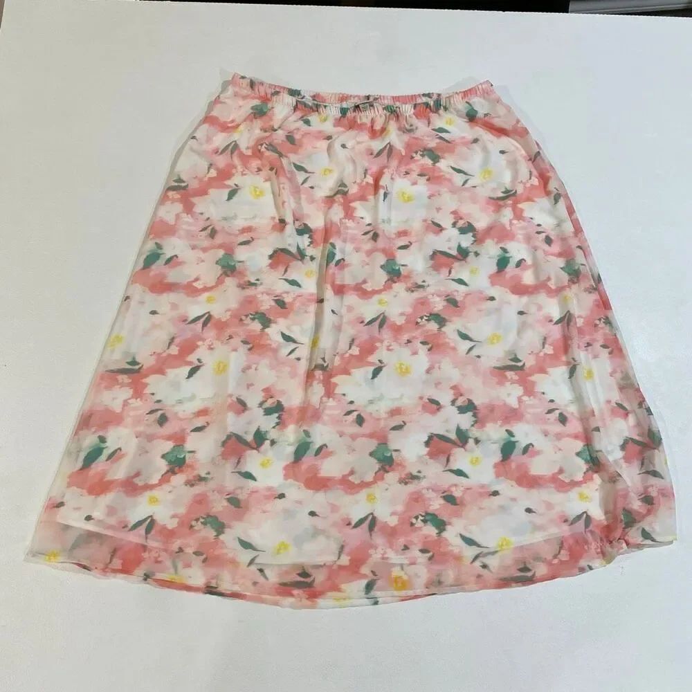 A New Day Floral Watercolor Midi Skirt Size 1X Pink White Spring